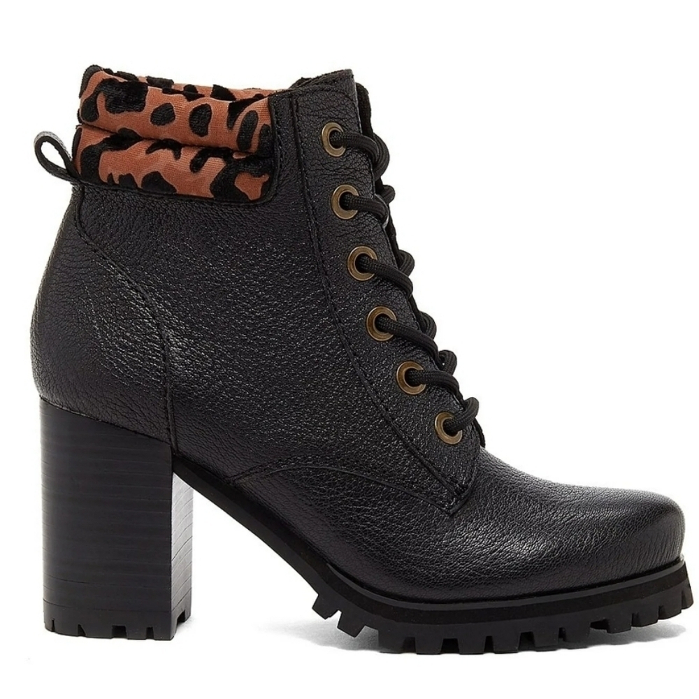 Kelsi Dagger Trek Black/Leopard Lace Up Combat Leather Block Heel Ankle Booties